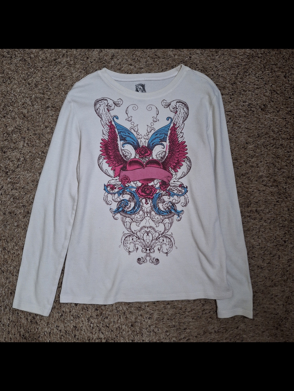 Vintage Y2K FRZ Winged Heart Thermal Top Size Juniors XL (15-17) Fits Women's M